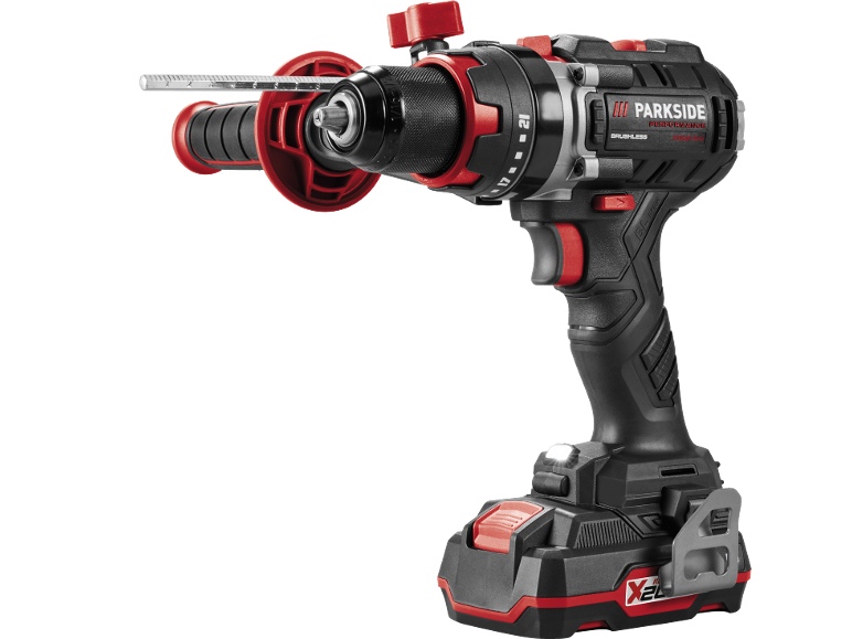 Cordless impact drill driver with brushless motor and auxiliary handle.