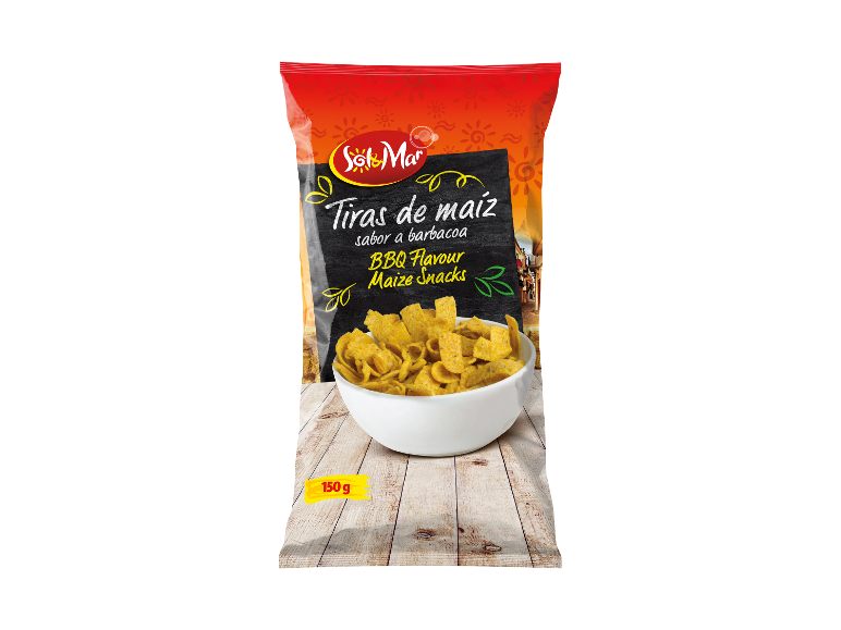 Packaging of BBQ flavour maize snacks, 150 g.