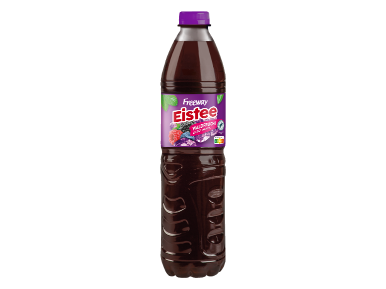 Bottle of forest fruit flavored iced tea with a label featuring fruits and ice cubes.