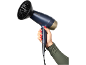 Blue hairdryer with diffuser, held by a hand with red nails.