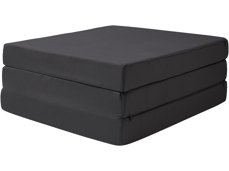 Dark grey foldable mattress with three sections, ideal for guests or camping.