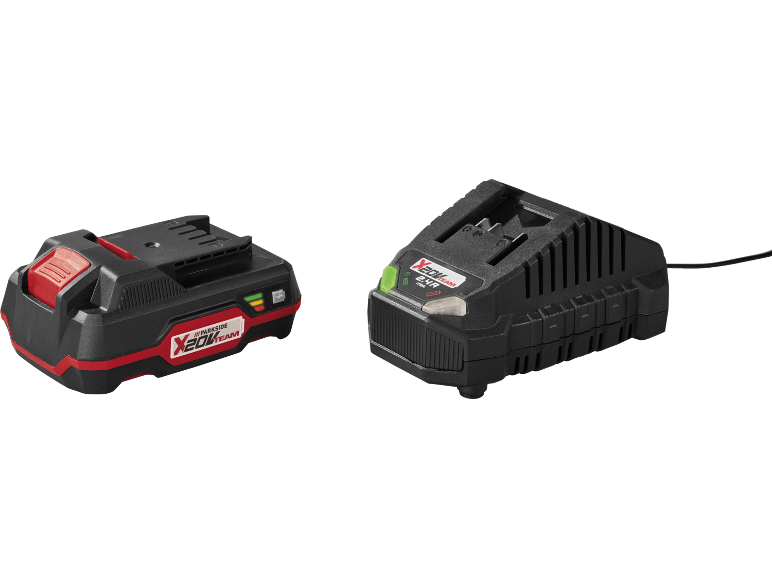 Rechargeable battery and charger for power tools, both black with red accents.