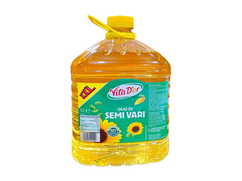 A large 5-liter bottle of mixed seed oil, featuring sunflowers and green seeds on the label.