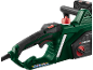 Green electric chainsaw with black handles and red accents.