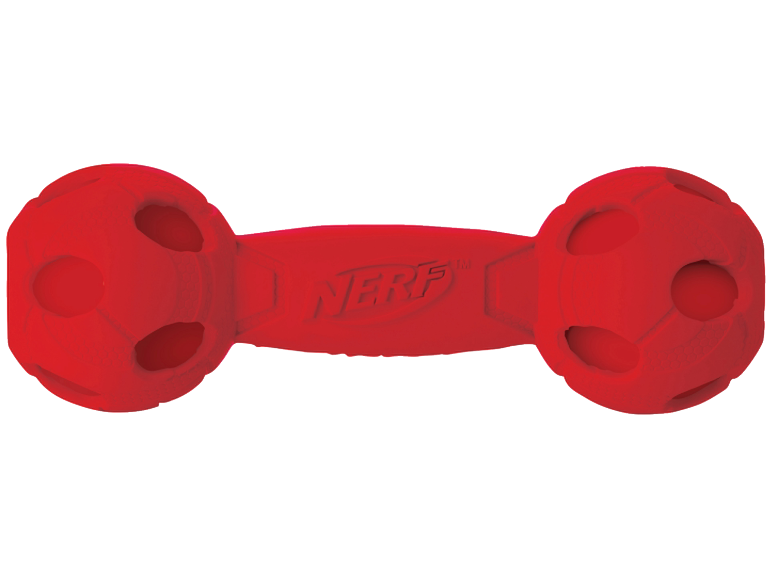 Red dumbbell-shaped pet toy with textured ends.