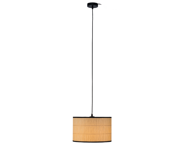 Pendant light with black fitting and cylindrical lampshade made of light wood.