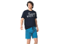 Man in a dark blue t-shirt with 'The Avengers' text and blue shorts.