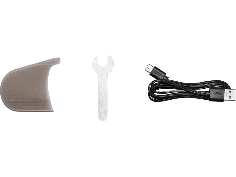 Clear shield, wrench, and black USB cable.