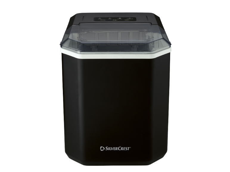 Black ice maker with a transparent lid and a control panel on top.