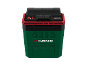 Green and black portable cooler with red accents and control panel.