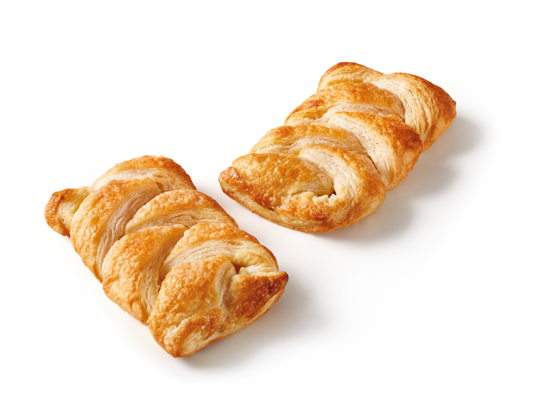 Two golden braided puff pastries with sugar, on a white background.
