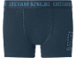 Dark blue men's boxer briefs with lettering on the waistband and side.