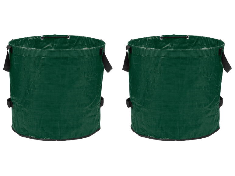 Two green garden waste bags with handles.
