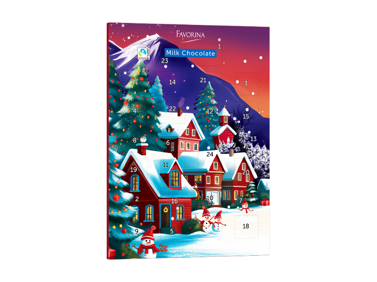 Christmas advent calendar with a snowy village scene and milk chocolate.