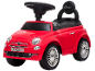 Red ride-on toy car with black steering wheel and seat, featuring chrome wheels.