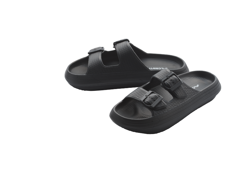Two black double-strap slide sandals with textured soles.