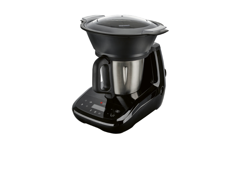 Black kitchen machine with a stainless steel bowl and a transparent lid