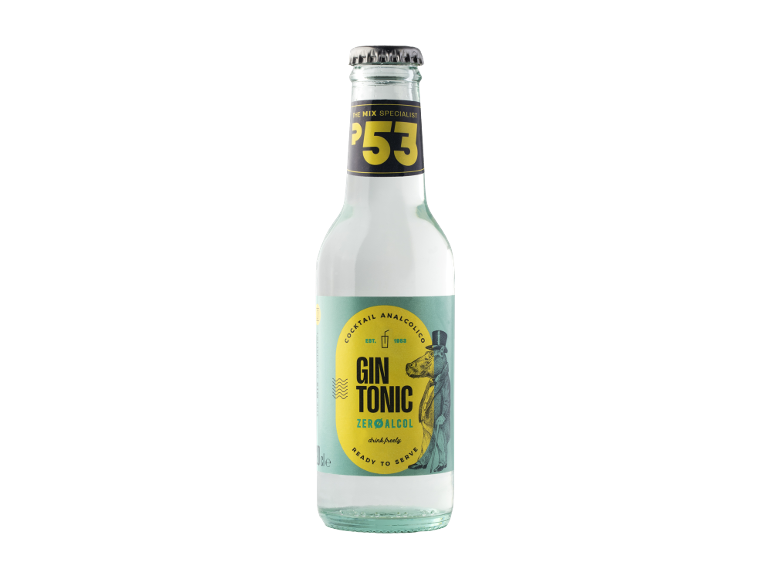 Bottle of non-alcoholic Gin Tonic, ready to serve, featuring a hippopotamus in a suit.