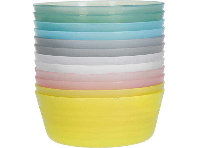 Stack of pastel-colored plastic bowls: yellow, pink, white, grey, blue, and green.
