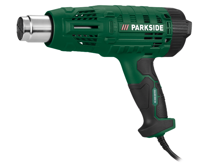 Green and black heat gun with a silver nozzle, model PHLGD 2000 E5.
