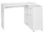 White L-shaped desk with open shelves and two drawers