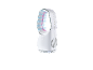 White bladeless fan with blue and pink light accents, featuring control buttons and vents.