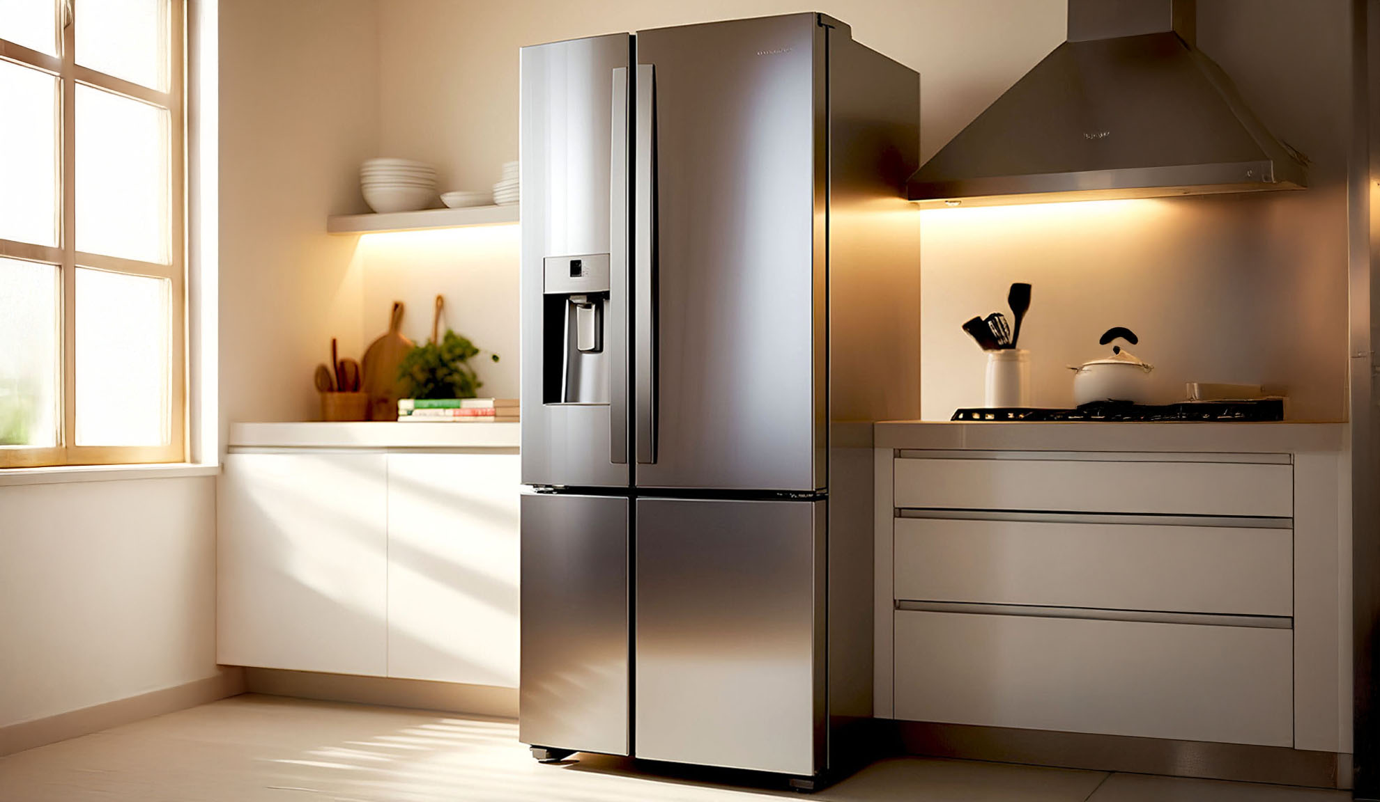 A modern kitchen with a large, freestanding stainless steel refrigerator and white cabinets.