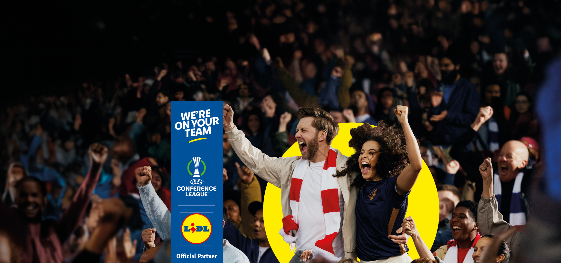Excited fans cheering at a stadium, with Lidl and UEFA Conference League logos.