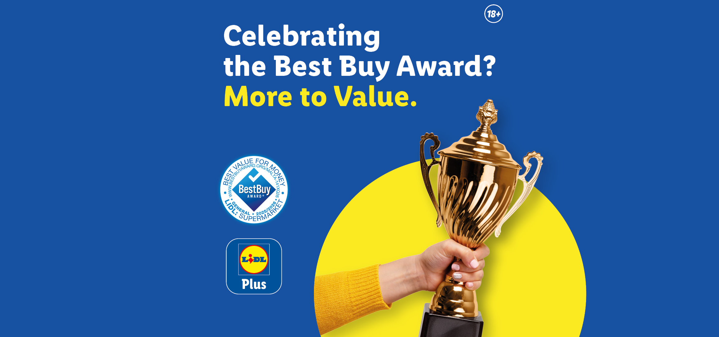 Lidl ad celebrating the Best Buy Award with a trophy, promoting value and Lidl Plus.