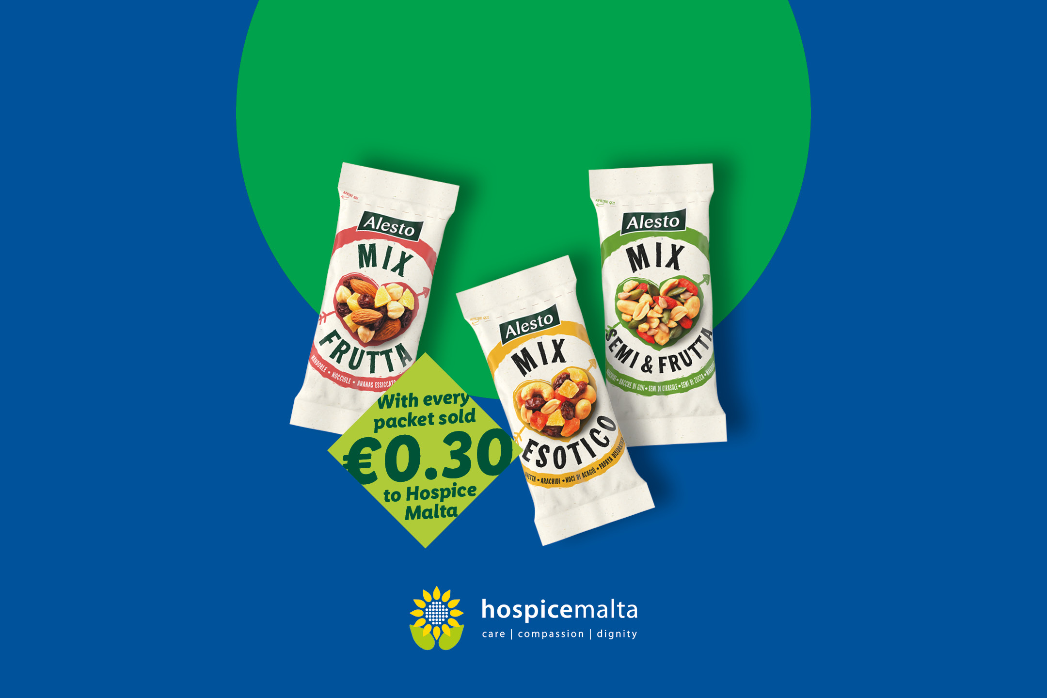 Three snack packets: fruit mix, exotic mix, and seeds & fruit mix, supporting Hospice Malta.