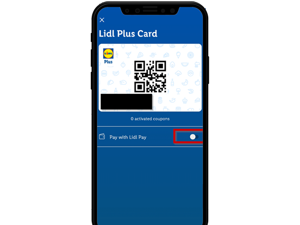 A smartphone displaying the Lidl Plus Card with a QR code and a toggle for Lidl Pay.