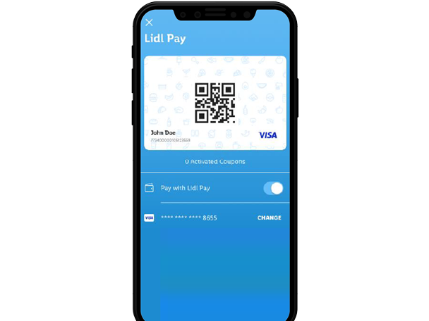A smartphone displaying the Lidl Pay app with a QR code, user details, and payment options.