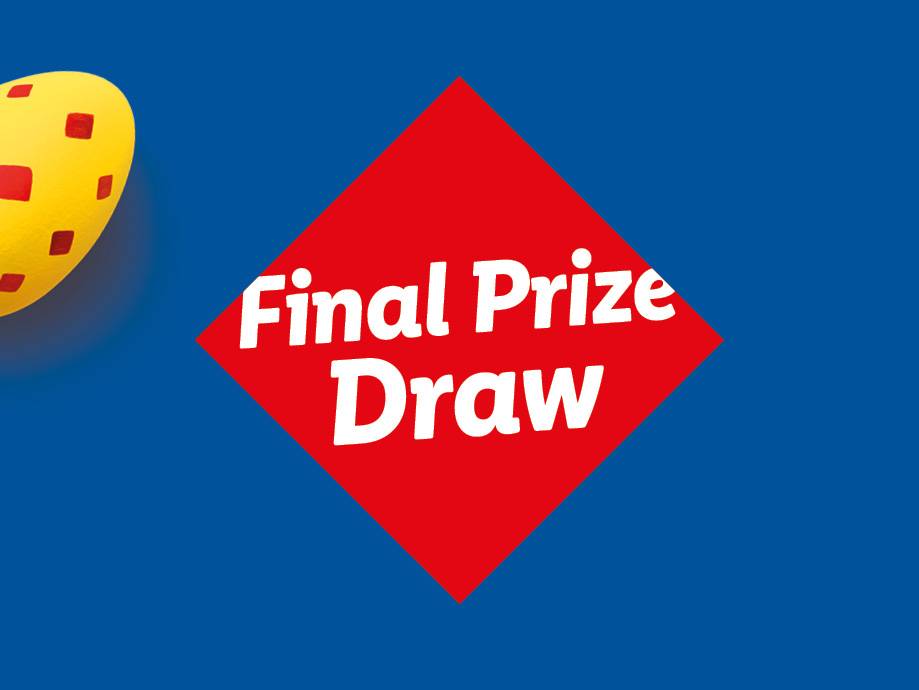 A yellow egg-shaped object with red squares and a red diamond with 'Final Prize Draw' in white.