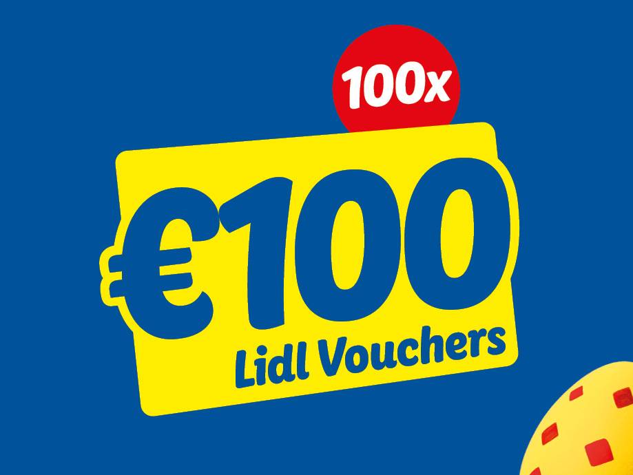 A blue background with a yellow sign offering 100x €100 vouchers, with a red circle indicating '100x'.