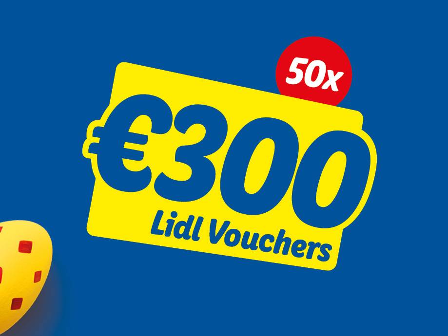 Fifty €300 vouchers on a blue background.