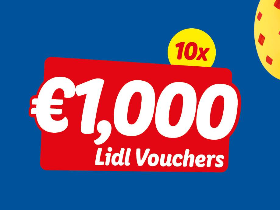 Red banner with white text showing €1,000 vouchers, with a yellow circle indicating '10x'.