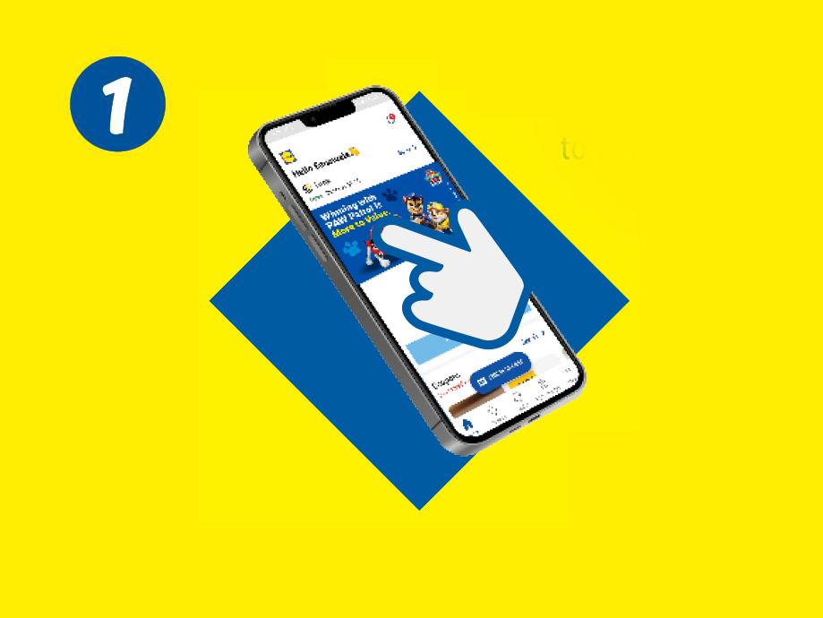 A smartphone displaying a loyalty app with a cartoon dog, indicating a win, on a yellow and blue background.
