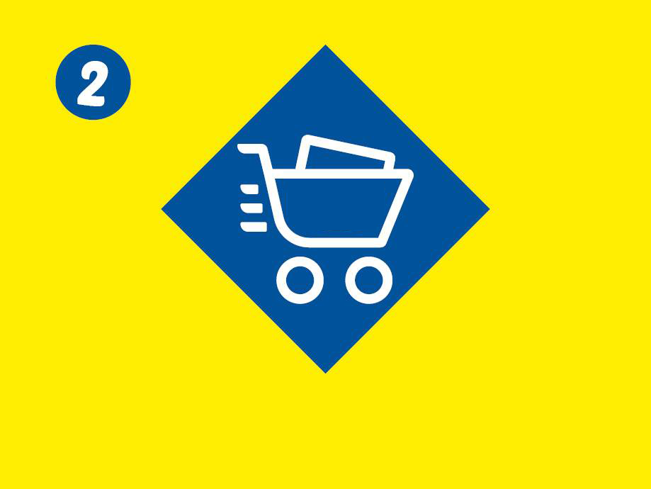 Step 2: Shopping cart icon with items on a yellow background.