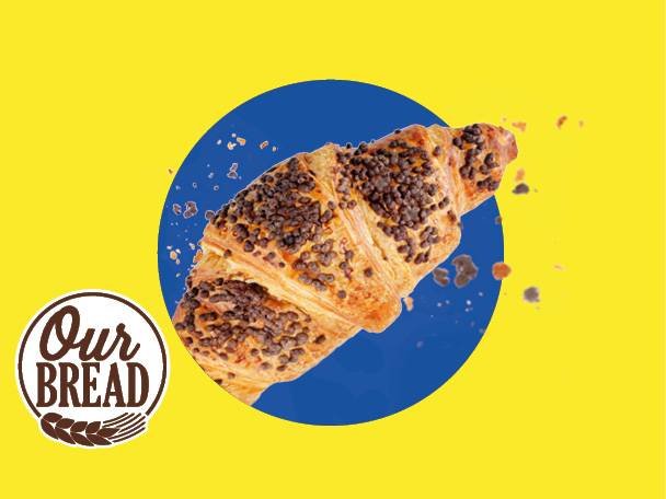Chocolate chip croissant on a blue circle with a 'Our Bread' logo.
