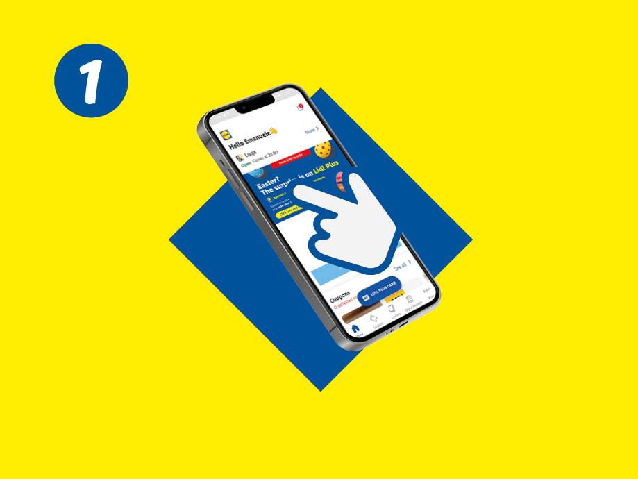 Smartphone displaying a grocery store app with coupons and a loyalty card, on a yellow background.