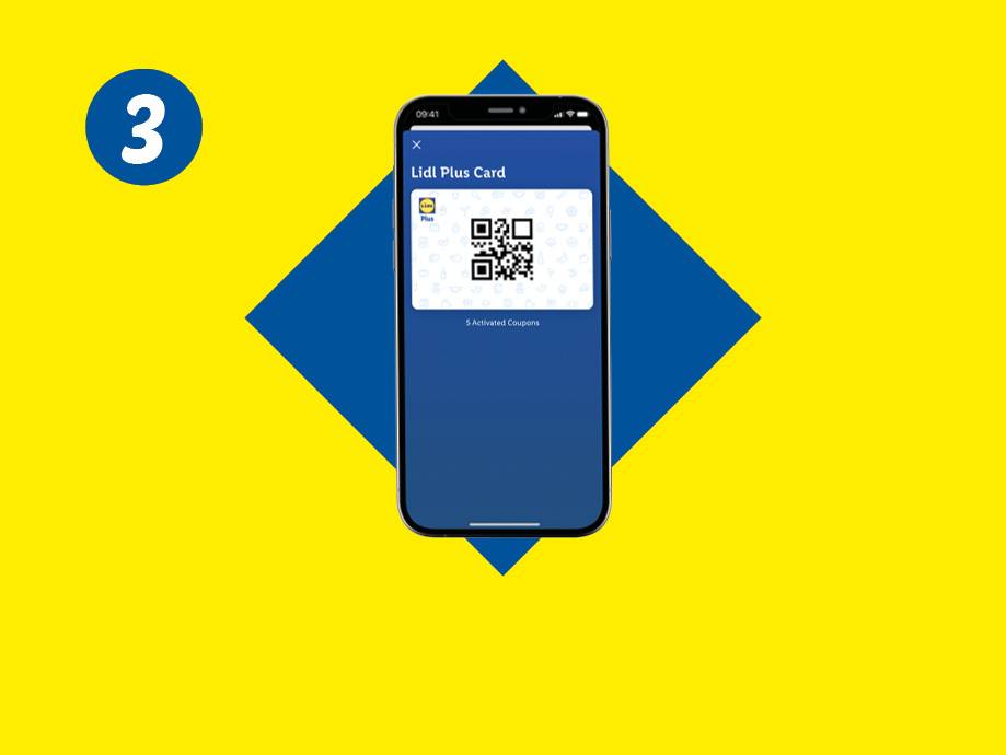 A smartphone displaying a loyalty card with a QR code, set against a yellow and blue background with a large number 3.