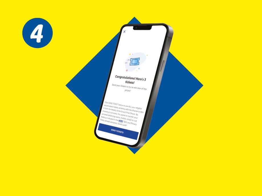 A smartphone displaying a screen with a message about winning 3 tickets and a 'Send Tickets' button.