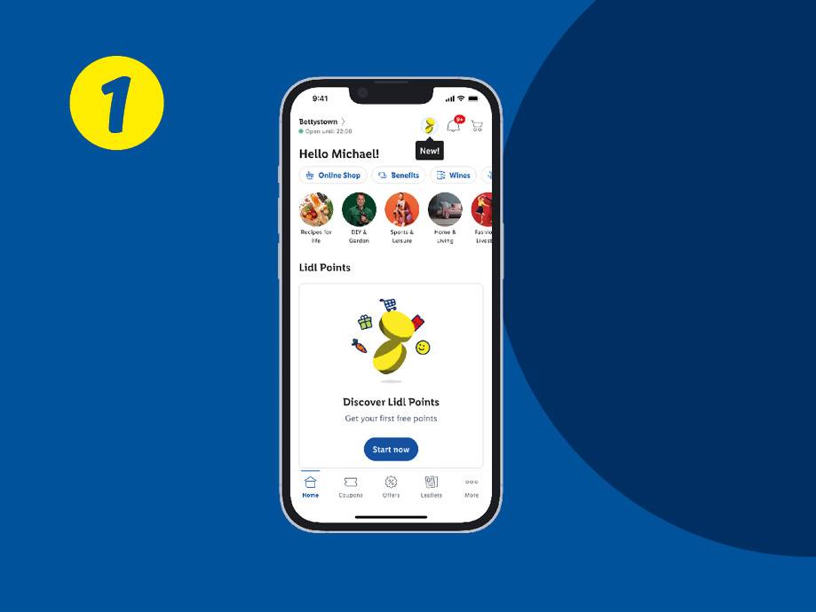 A smartphone displaying a grocery app with options for online shopping, benefits, and wines, featuring a 'Discover Points' section.