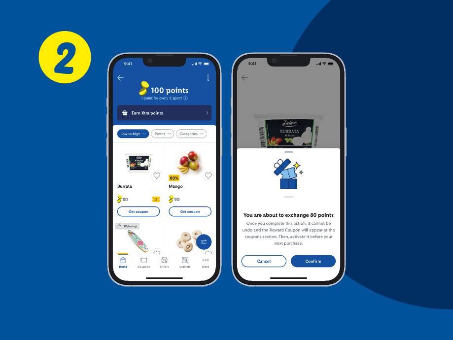 A mobile app showing a loyalty program with 100 points, offering coupons for burrata and mango, and a confirmation pop-up for exchanging 80 points.