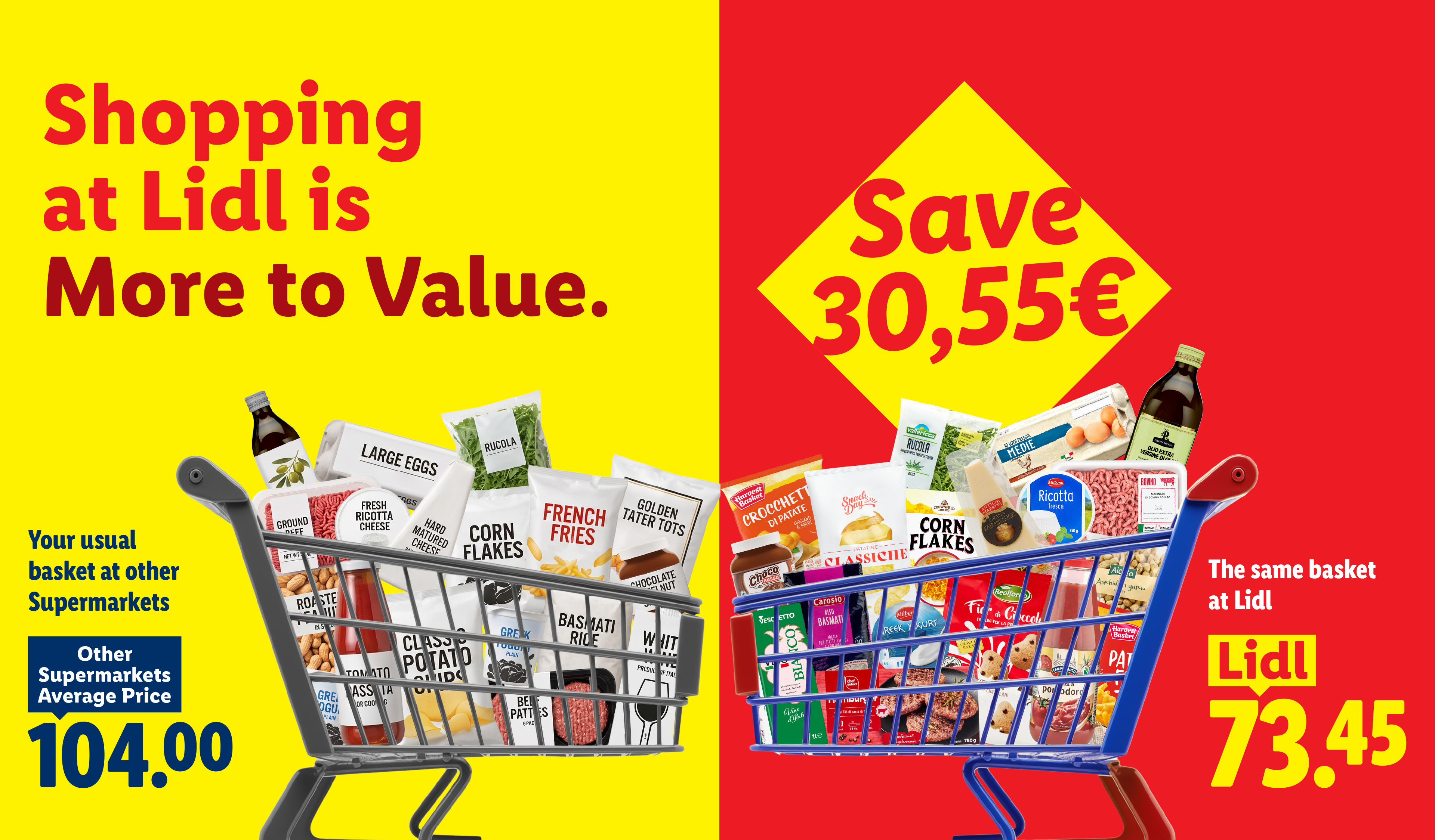 Shopping carts filled with groceries, comparing prices between supermarkets and Lidl, highlighting savings.
