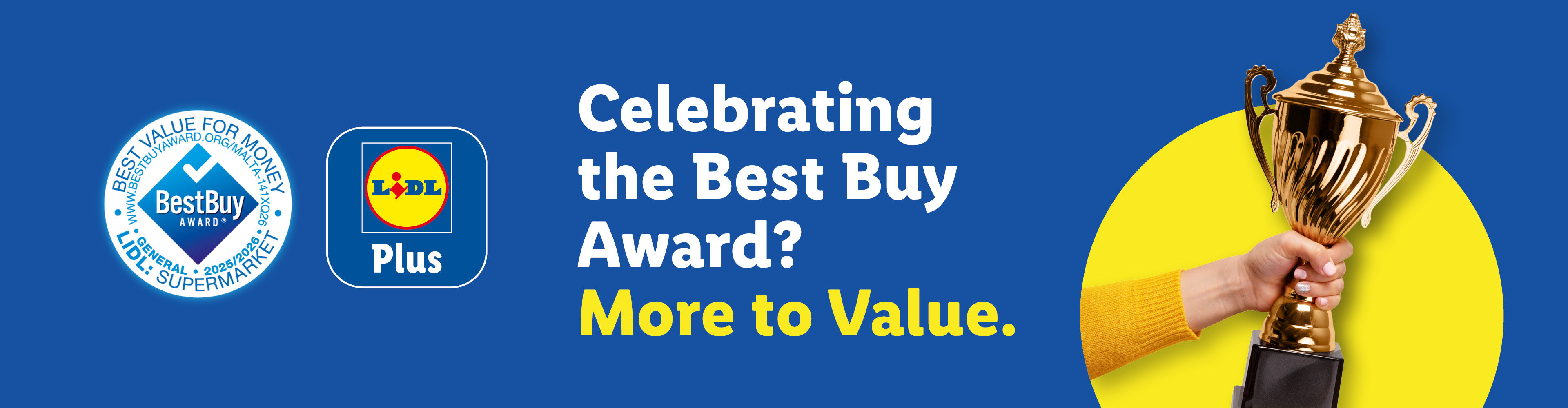 Lidl Best Buy Award for 2025/2026, with a hand holding a golden trophy.