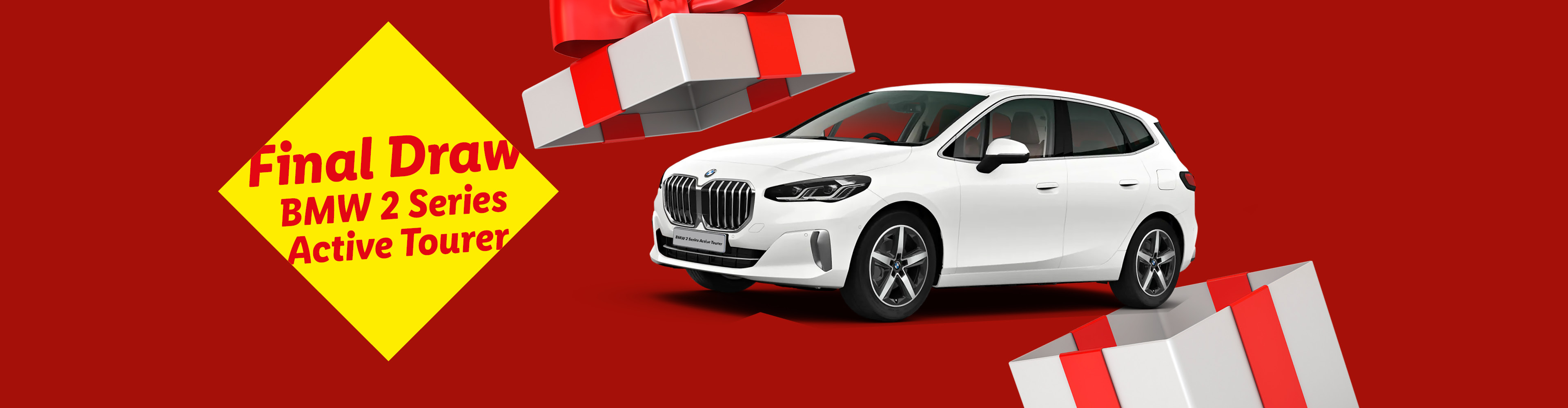 White BMW 2 Series Active Tourer car with gift boxes on a red background, announced as a final draw prize.