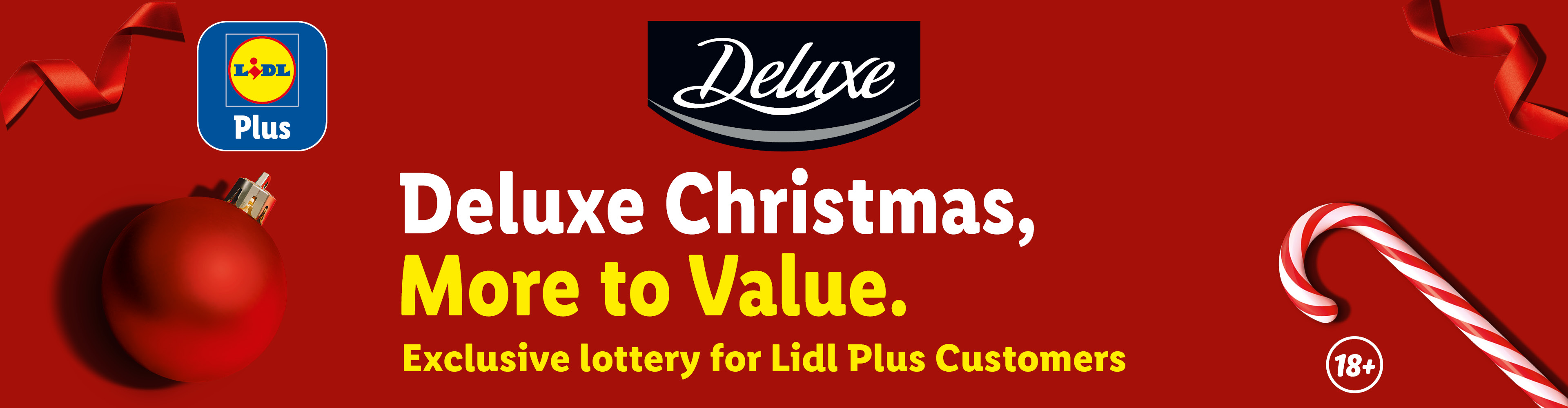 Lidl Plus and Deluxe Christmas lottery promotion with festive decorations.