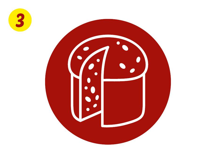 A red circle with a white outline of a round cake with a slice cut out, and a yellow number 3.