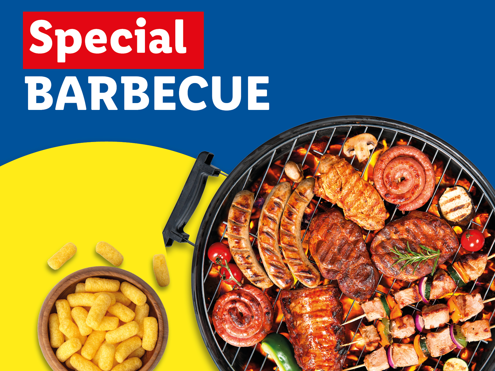 Special Barbecue: Grilled meats and sausages on a barbecue grill, with a bowl of corn snacks.